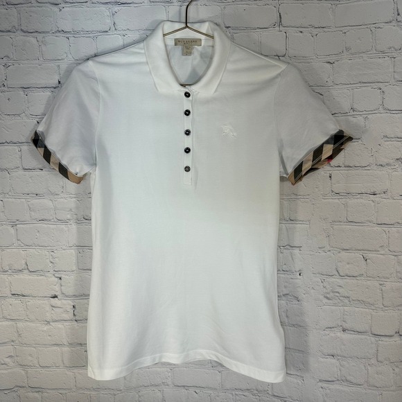 Burberry Brit Tops - Burberry Brit Womens White Nova Check Cuff Polo Shirt Cotton Pique Size S P